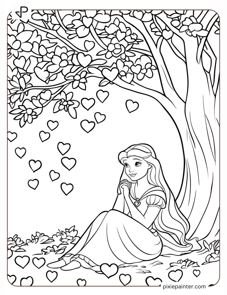 12. Aurora Relaxing Under A Tree With Heart Flowers -disney valentine's day coloring pages