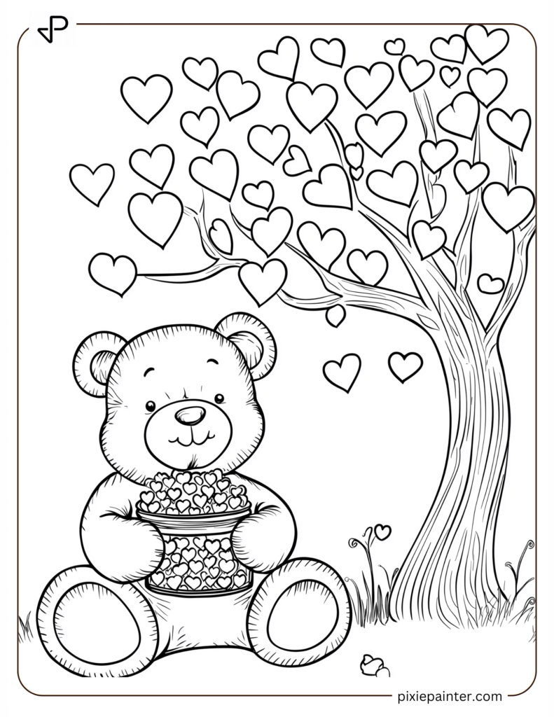 12. Toy Teddy Under Love Tree-cute valentine's coloring pages