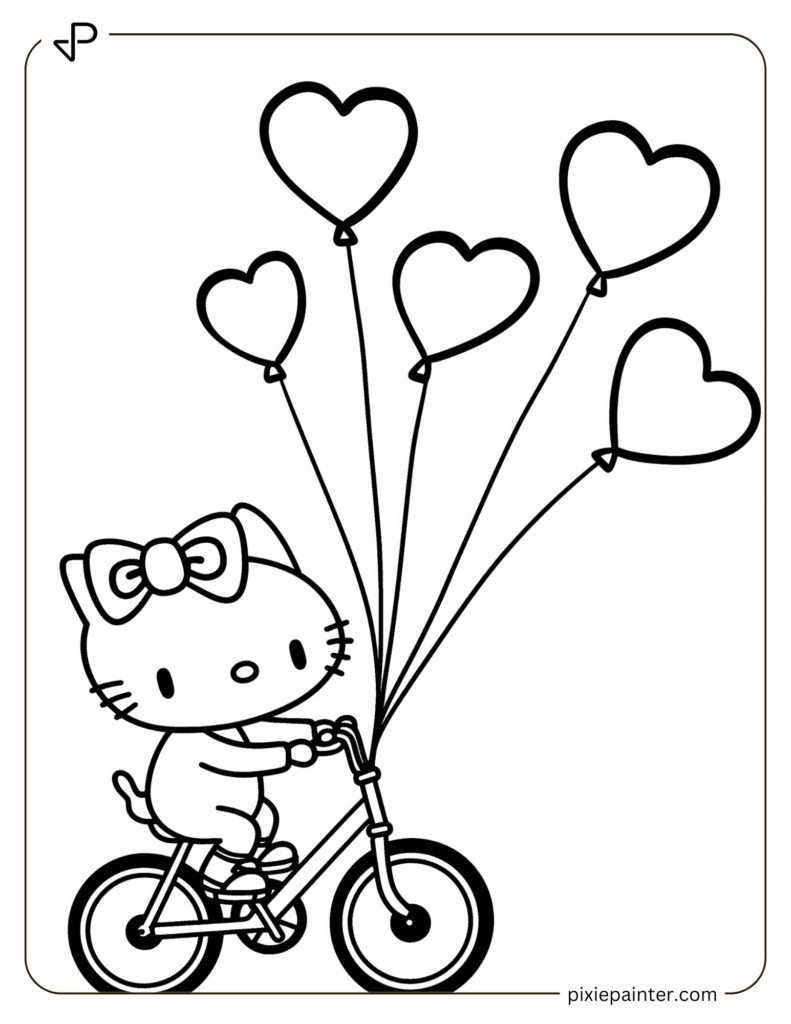 Hello Kitty Riding a Bike with Heart Balloons