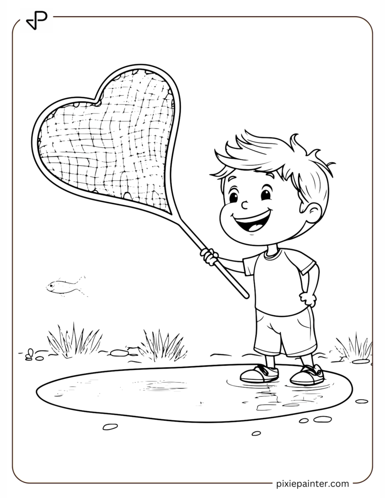 Boy Holding a Heart-Shaped Fishing Net