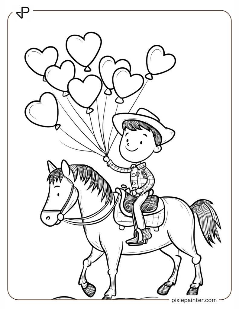 Boy Cowboy Riding a Horse with Heart Balloons