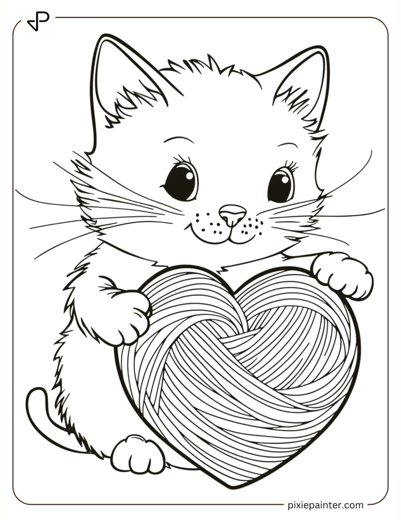 Cat Playing With A Ball Of Yarn Shaped Like A Heart