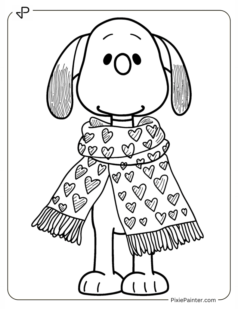 Coloring Page Where Snoopy Wearing a Heart-Patterned Scarf