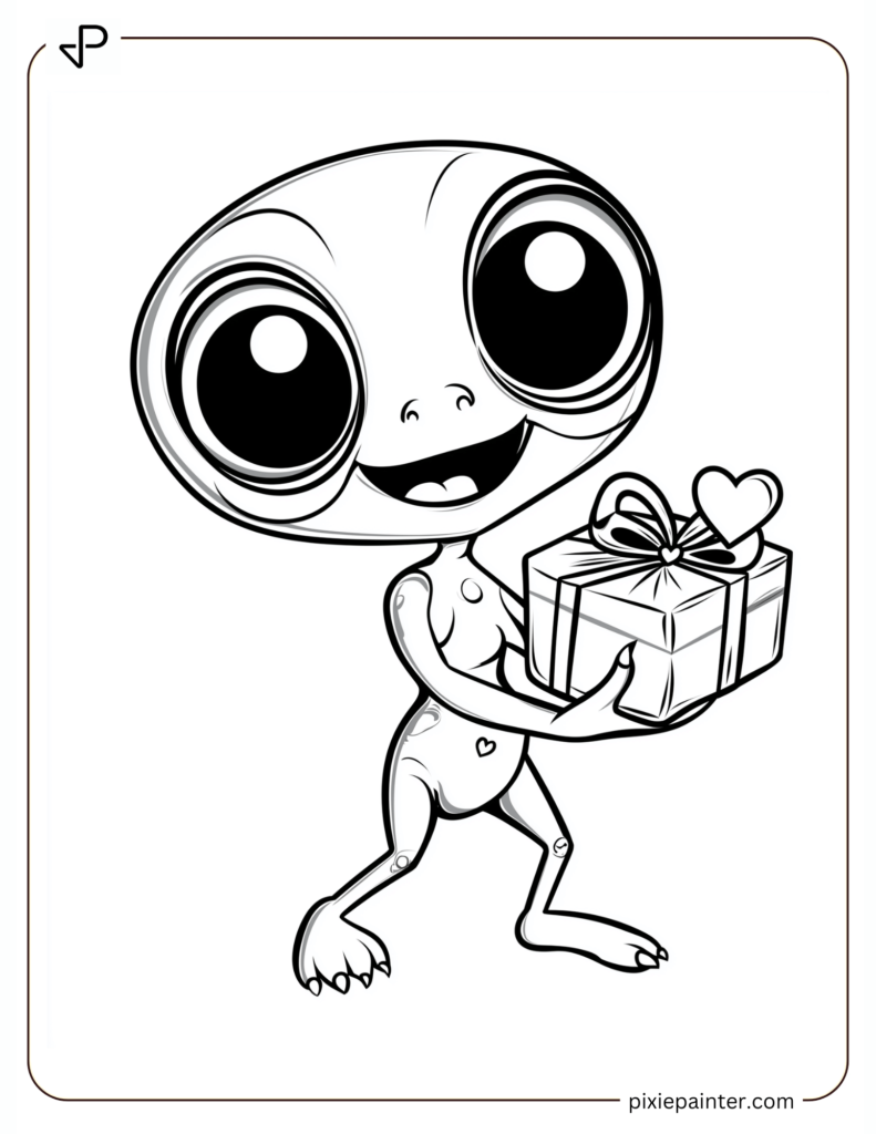 Funny Alien Holding a Heart Gift