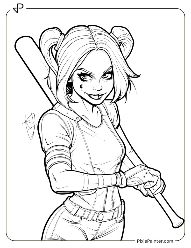 Fortnite Characters Coloring Pages of Harley Quinn Holding Her Bat