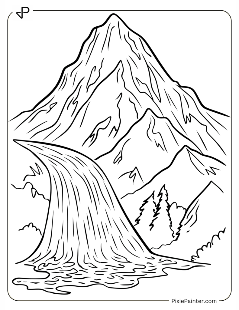 Earth Day Coloring Page - Simple Mountain with Flowing River Scene