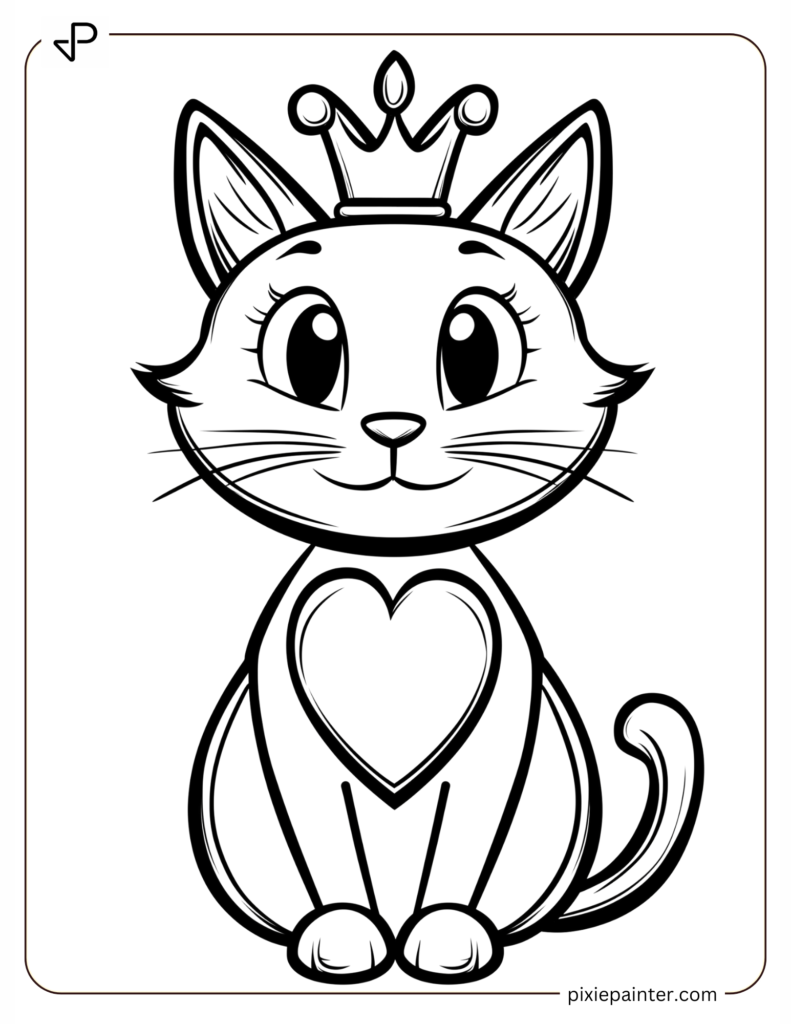 Valentine's Coloring Page Where Cat With A Heart-Shaped Crown