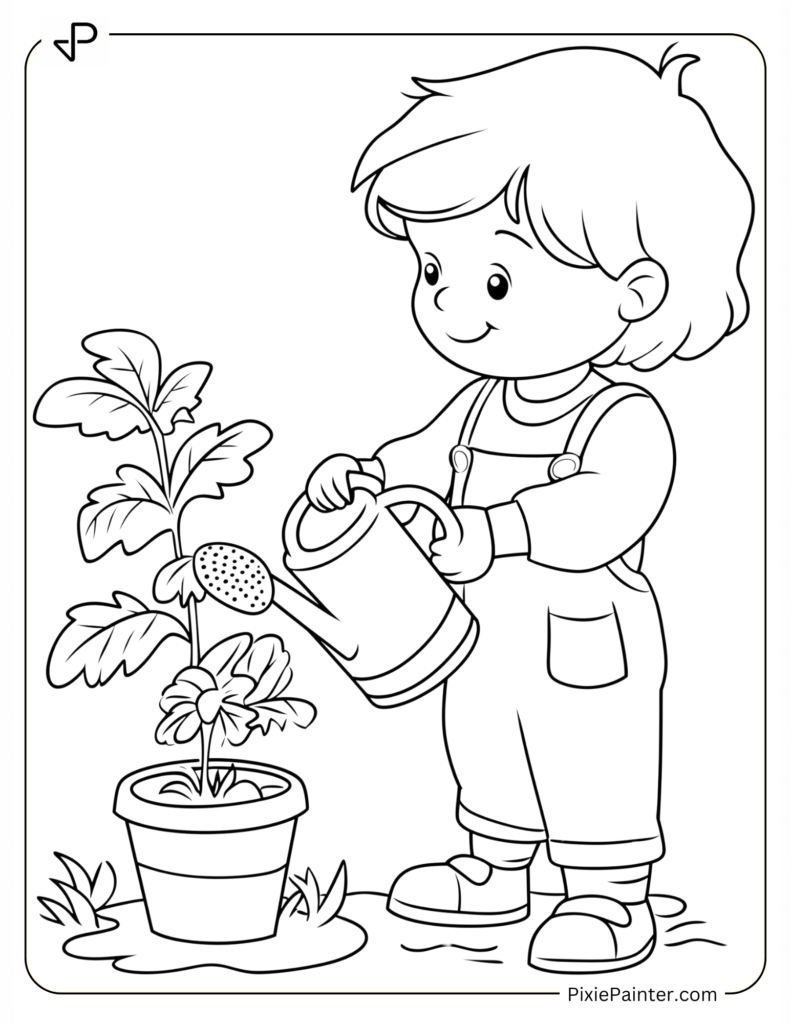 Child Watering a Plant with Care