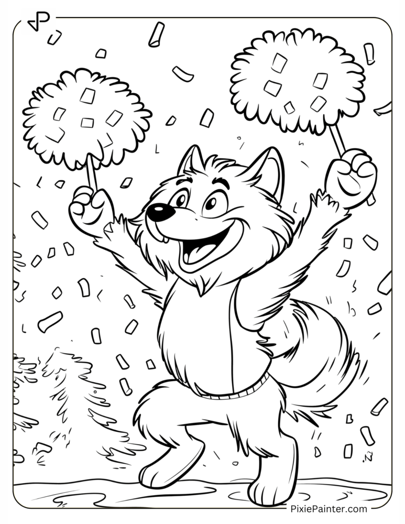 Coloring Page Where K.C. Wolf Cheering with Team Pom-Poms