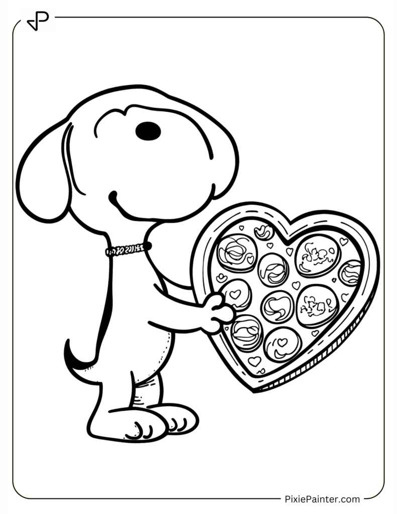 Coloring Page Where Snoopy Receiving Heart-Shaped Chocolate Box