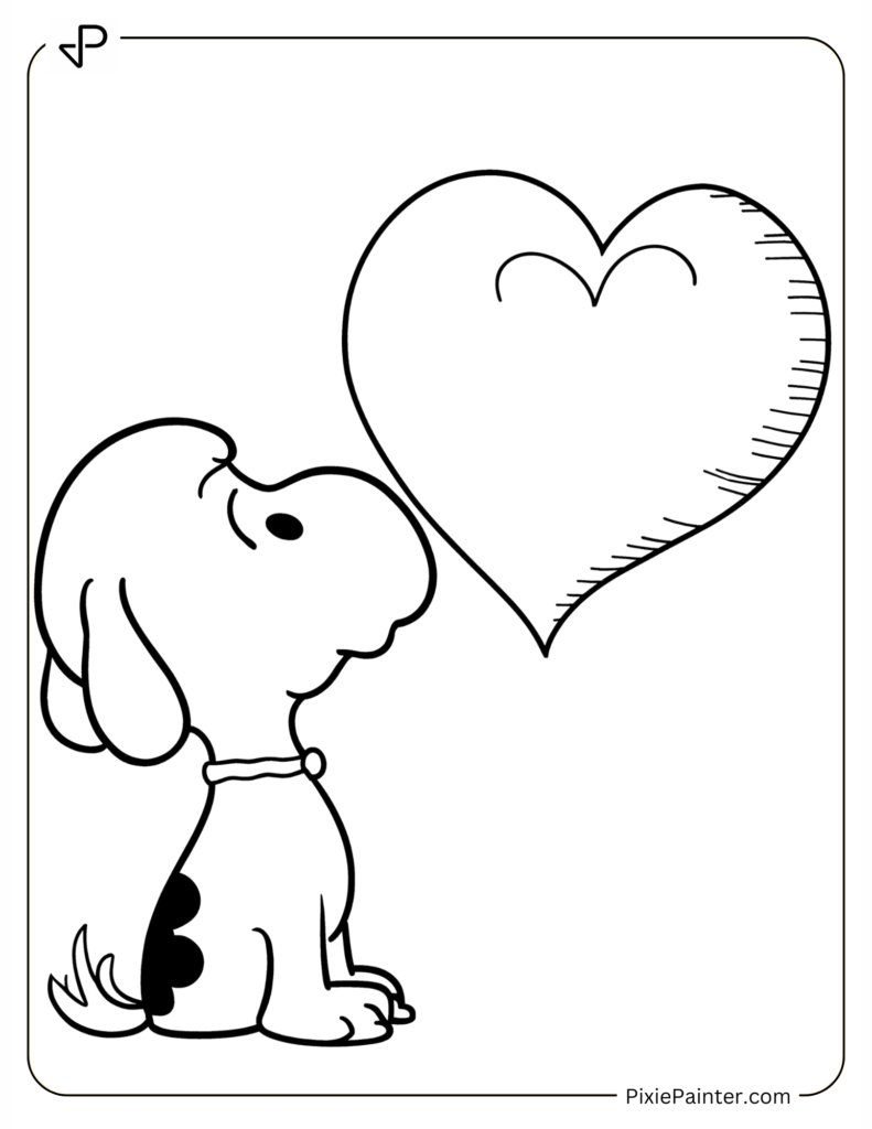 Coloring Page Where Snoopy Gazing at a Heart-Shaped Moon