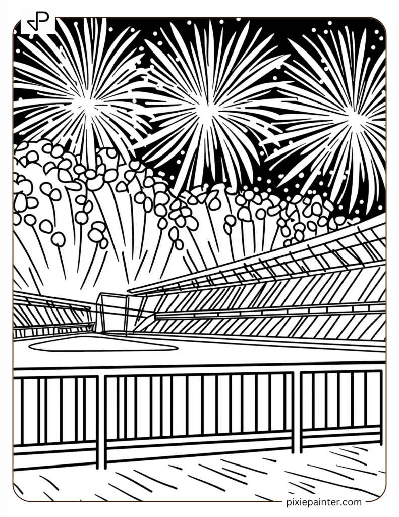 Stadium Under Fireworks – A night scene with fireworks above