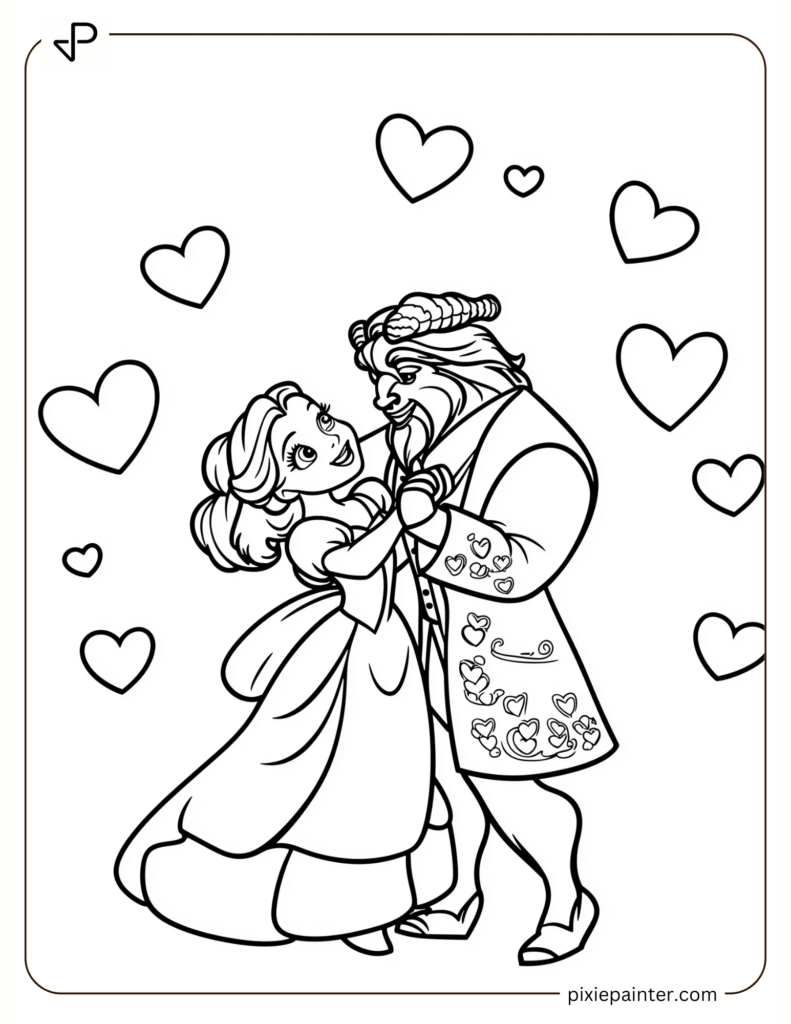 2. Belle And Beast Dancing With Heart Surrounds -disney valentine's day coloring pages