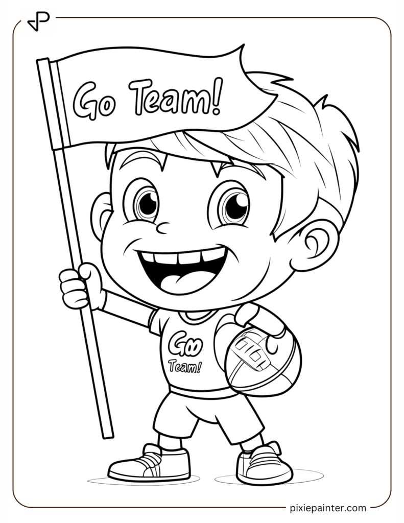 2. Cheerful Football Star Holding a Flag That Says 'Go Team!- color sheets