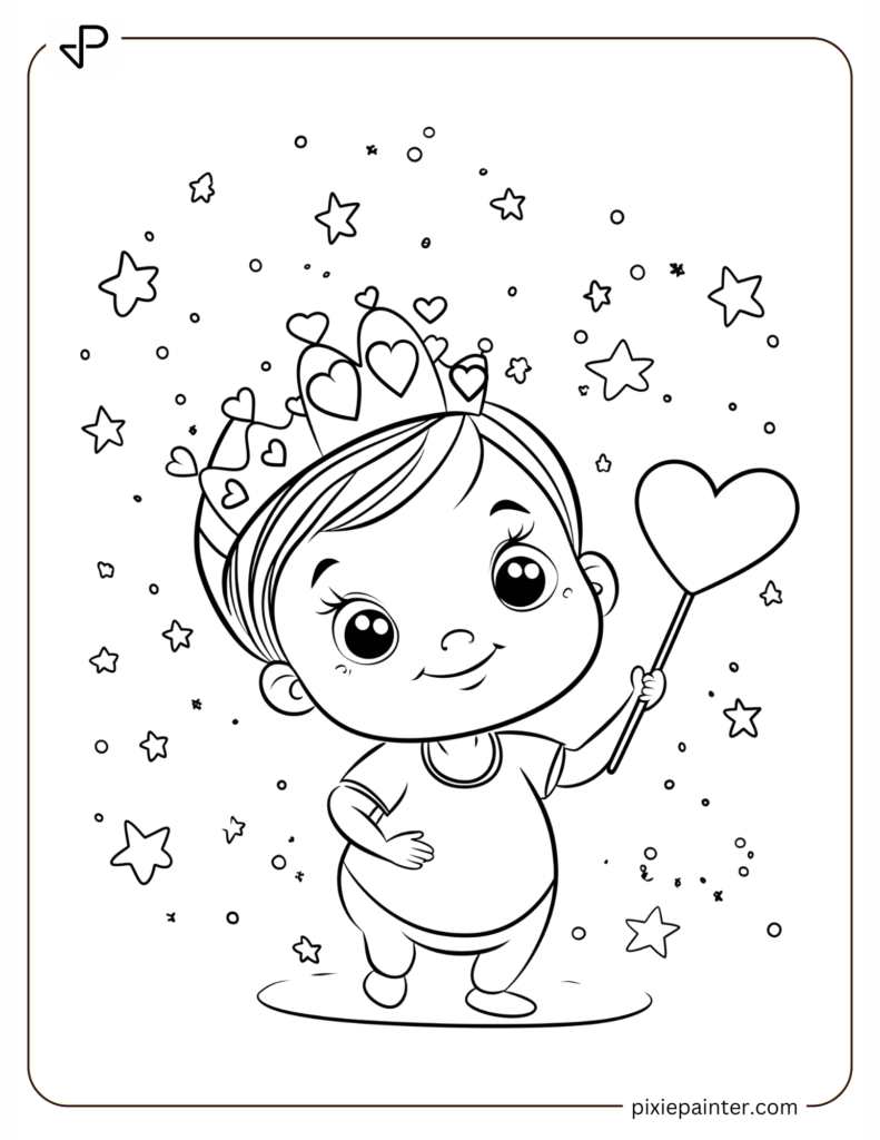 2. Cute Baby With Tiara Holding A Heart-cute valentine's coloring pages