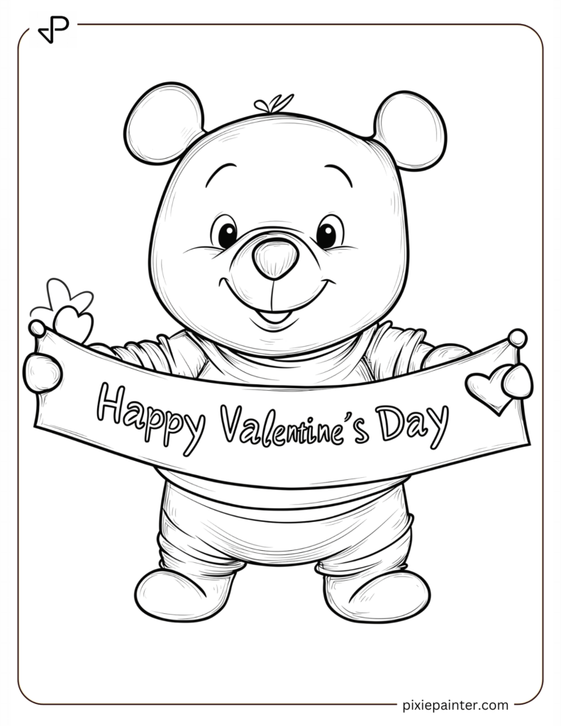 2. Pooh Holding A Sign Saying _Happy Valentine’s Day -winnie the pooh valentines day coloring pages