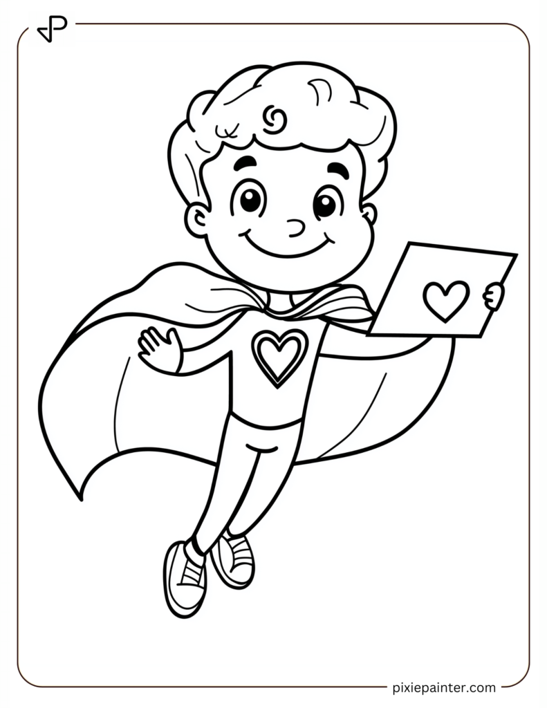 Valentine's day coloring pages for boys of Superhero Boy Giving a Valentines Card