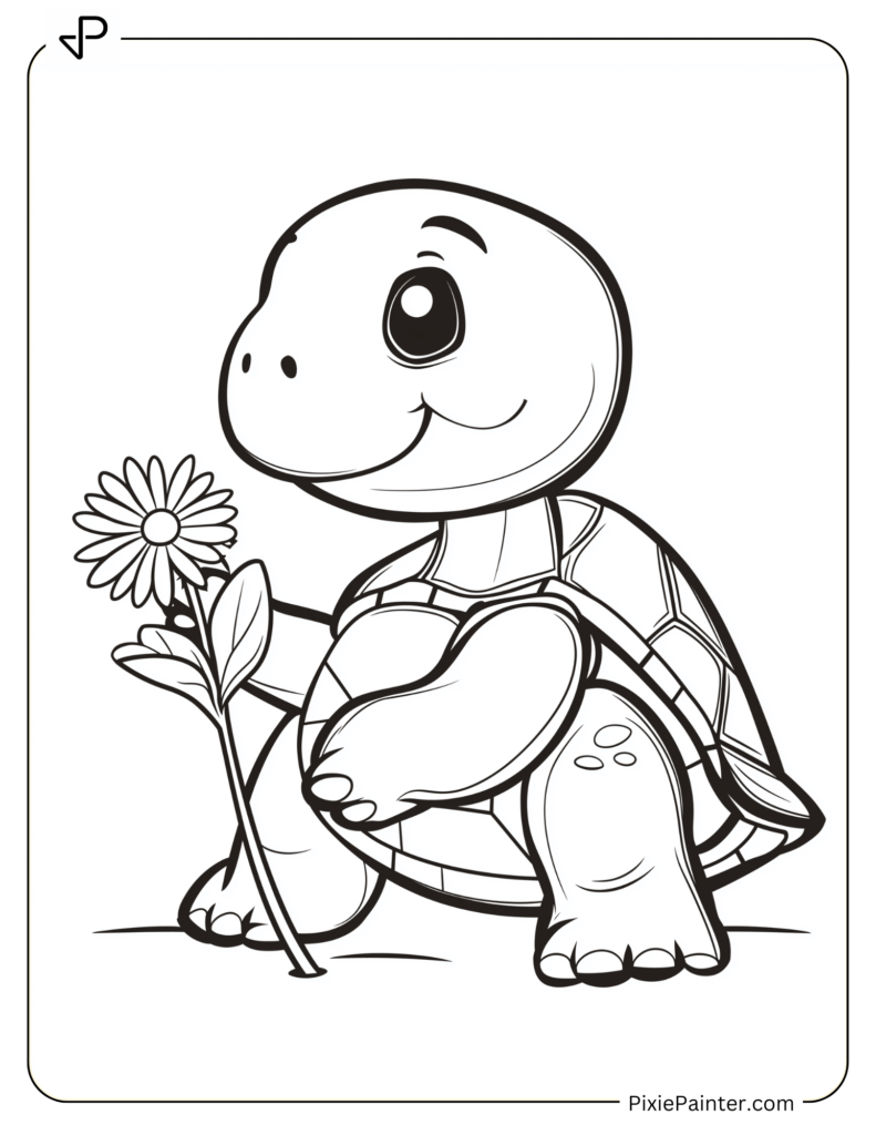 Tortoise Coloring Pages of Friendly Tortoise Holding a Daisy Flower