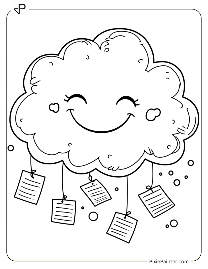 April Fools Day Coloring Page - Smiling Cloud Dropping Fun Joke Notes