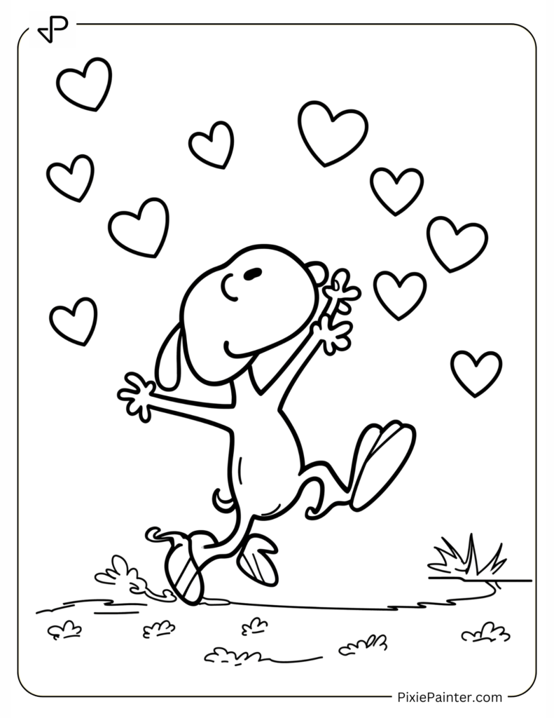 Coloring Page Where Snoopy Jumping and Catching Floating Hearts