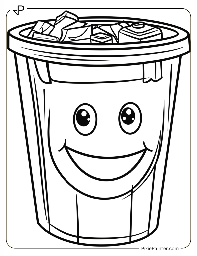 Earth Day Coloring Page With Smiley Face Recycling Bin for Earth Day