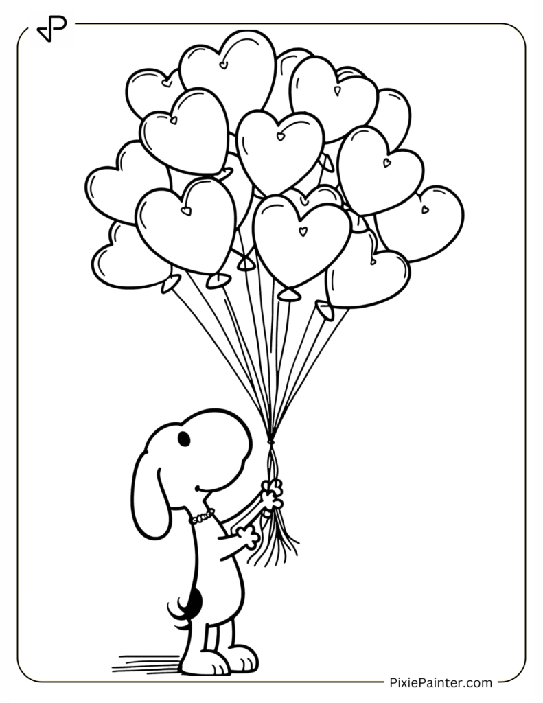 Snoopy Holding Heart-Shaped Balloon Bouquet