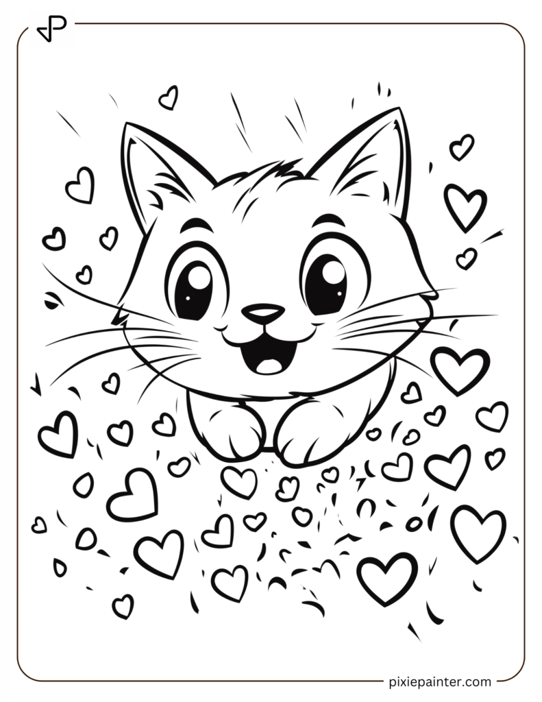 Valentine's Coloring Page Where Cat Pouncing On Heart-Shaped Confetti