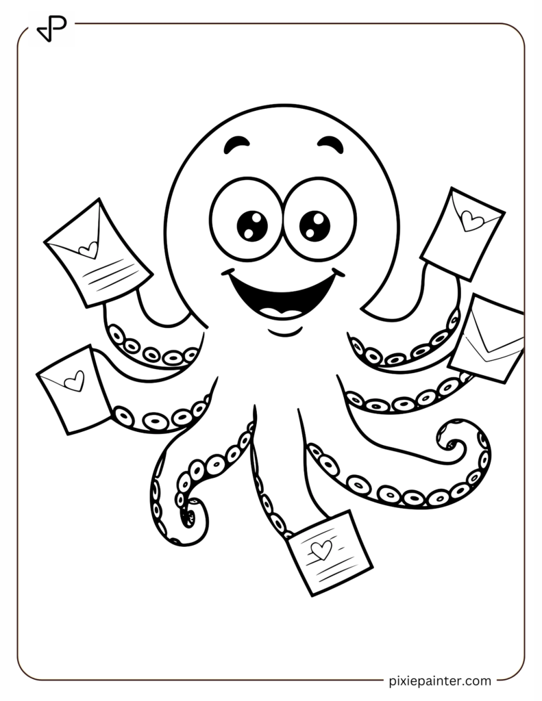 Valentines day coloring pages for boys of Funny Octopus Holding Love Notes