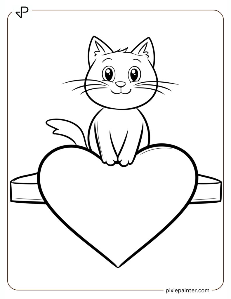 Valentine's Coloring Page Where Cat Balancing On A Heart-Shaped Table