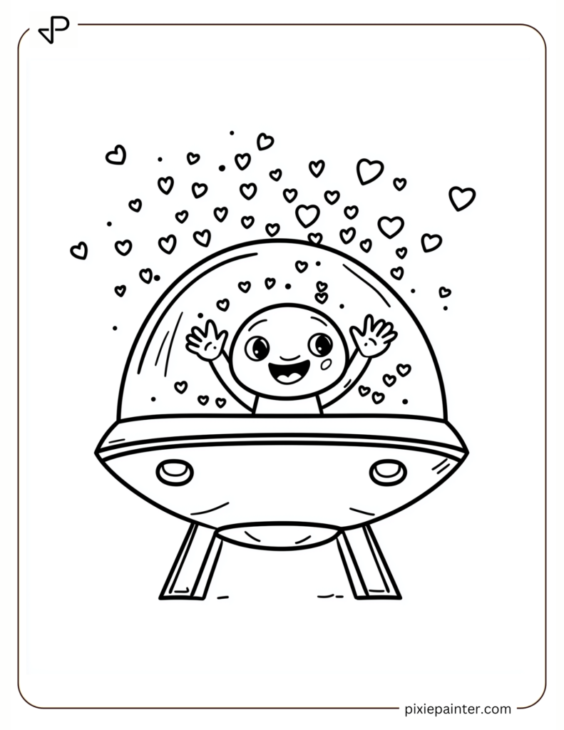 Valentines day coloring pages for boys of Friendly Alien in a UFO Throwing Love Confetti