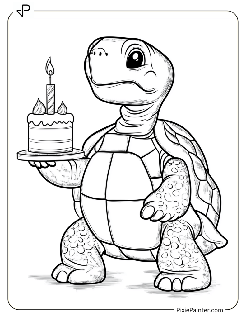 Tortoise Coloring Pages of Joyful Tortoise Holding a Birthday Cake