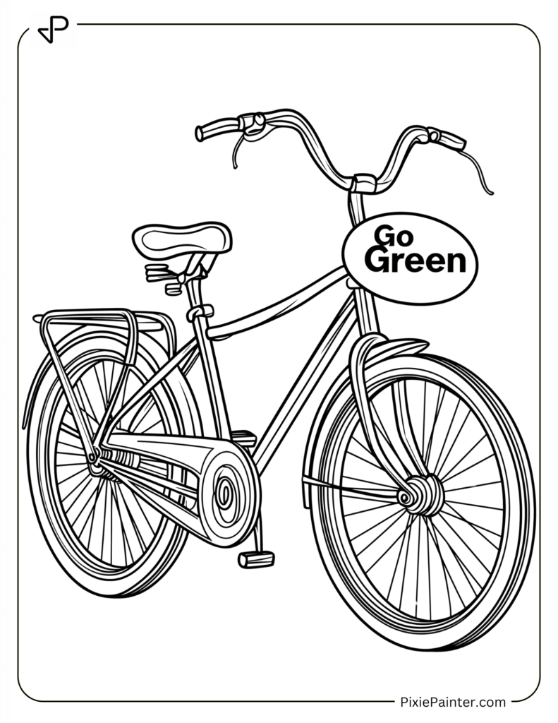 Earth Day Coloring Page Where Bicycle with Small “Go Green” Sign