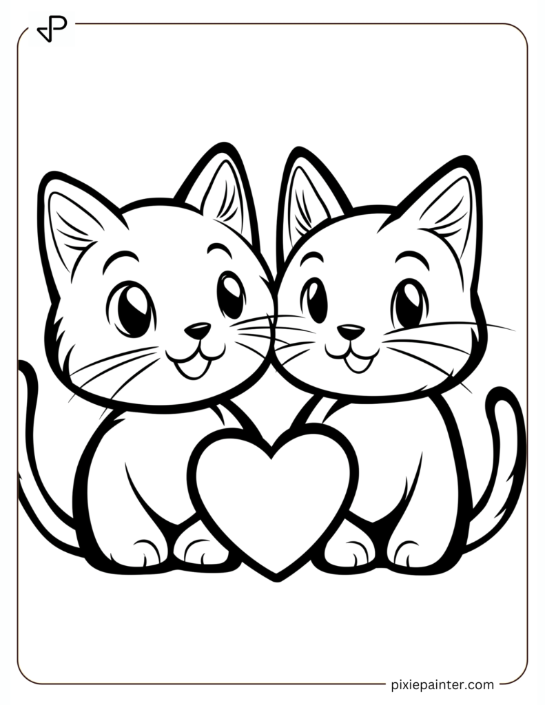 Valentine's Coloring Page Where Two Cats Sharing A Heart-Shaped Treat