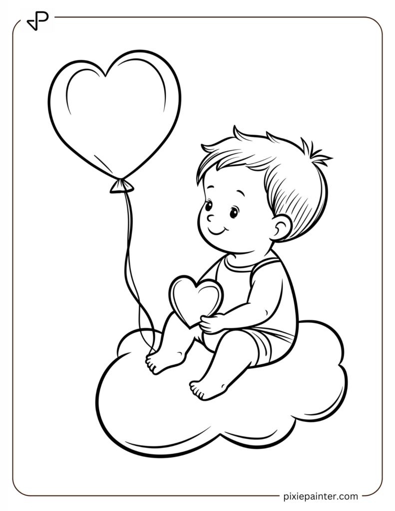 25. Baby With Heart Balloon SItting On Cloud