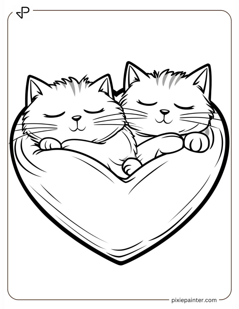 Valentine's Coloring Page Where Cats Napping Together In A Heart-Shaped Bed