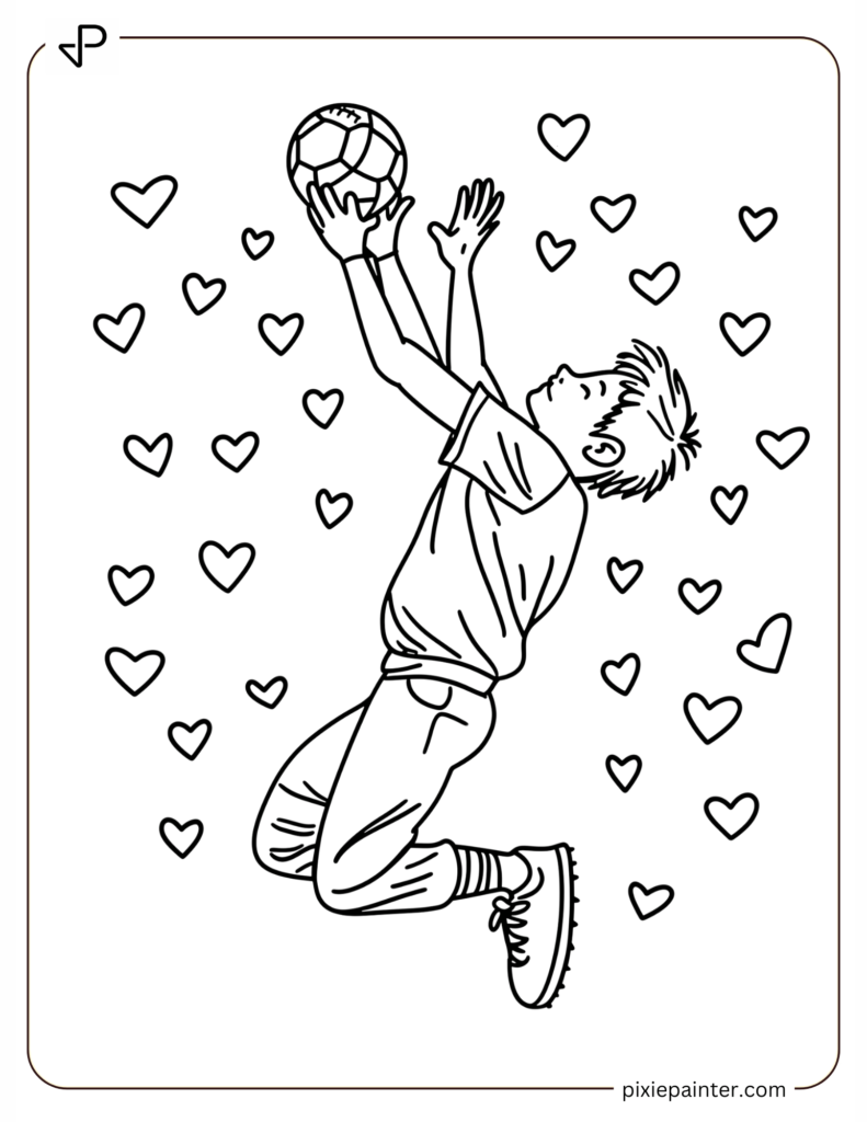 25. Football Star Jumping to Catch a Ball Amid Tiny Hearts