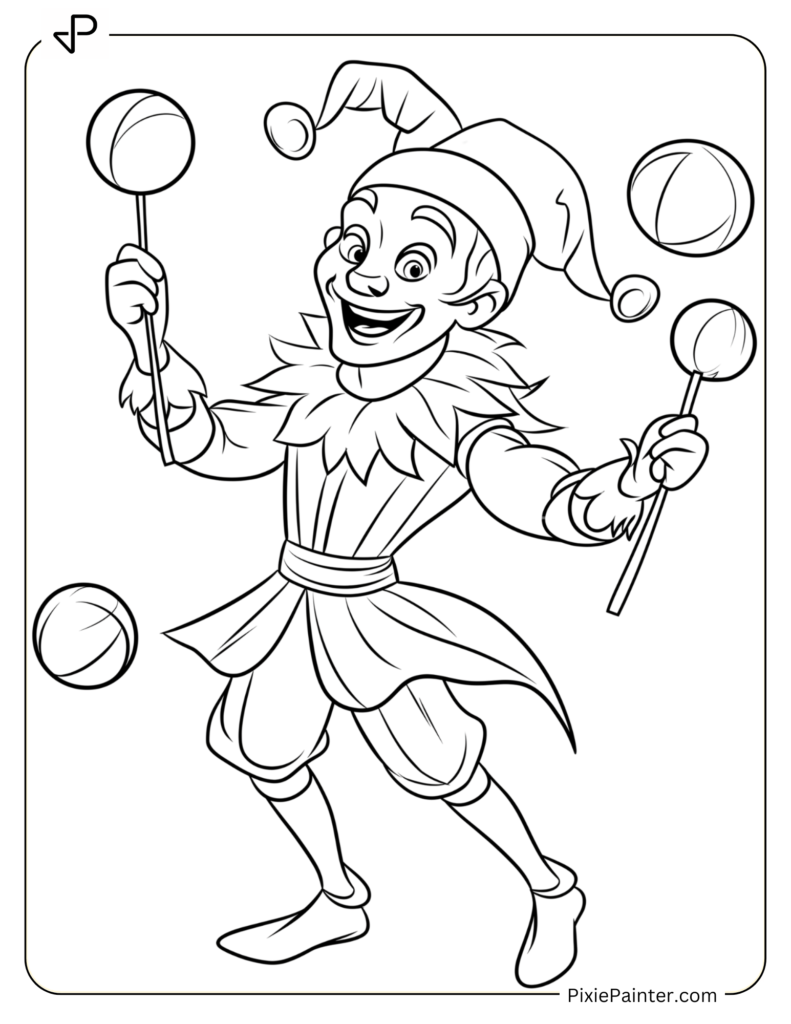 April Fools Day Coloring Page - Jester Juggling Multiple Joke-Themed Items