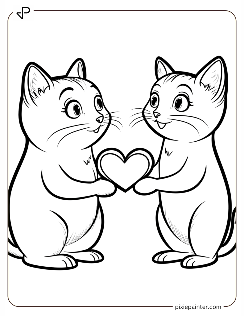 Valentine's Coloring Page Where Cats are Exchanging Heart-Shaped Gifts