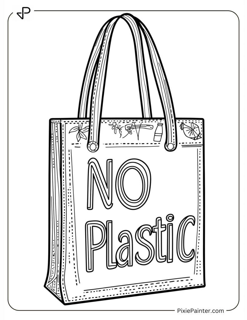 Earth Day Coloring Page Where Cute Tote Bag Saying “No Plastic”