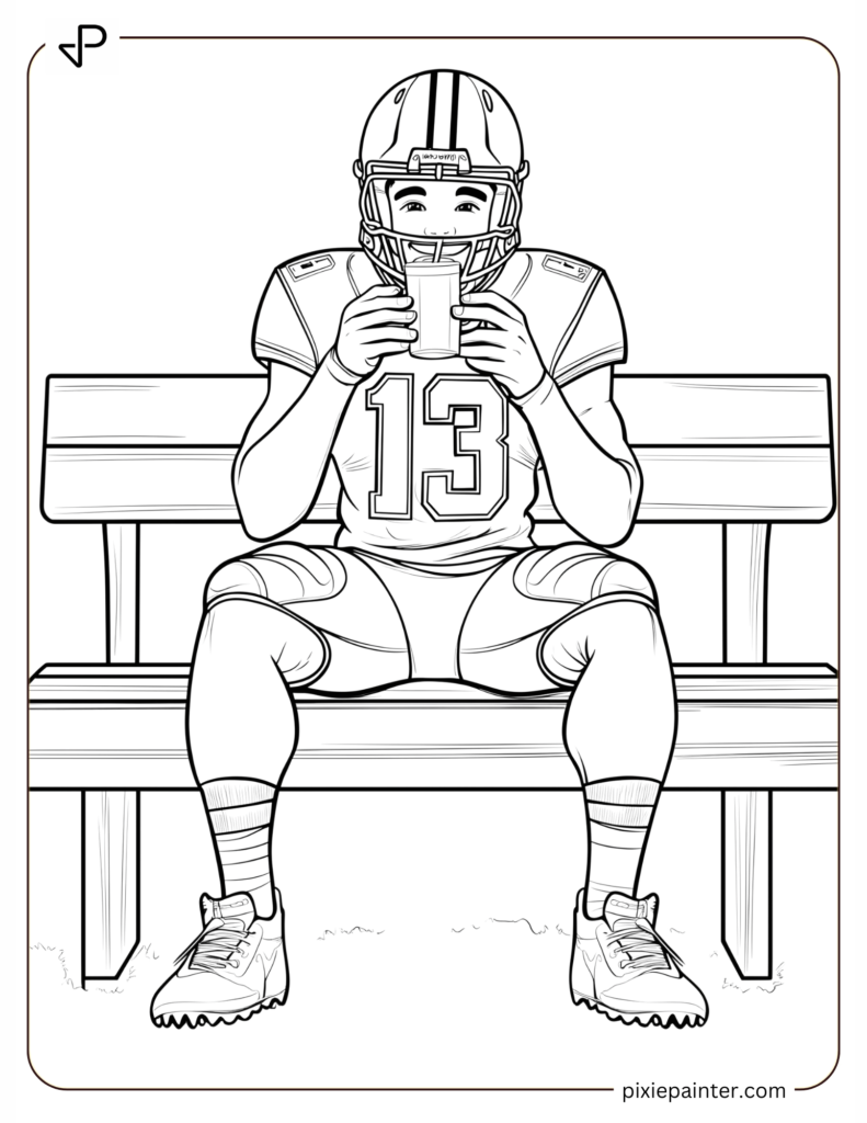 26. Happy Football Player Enjoying a Juice Box on the Bench