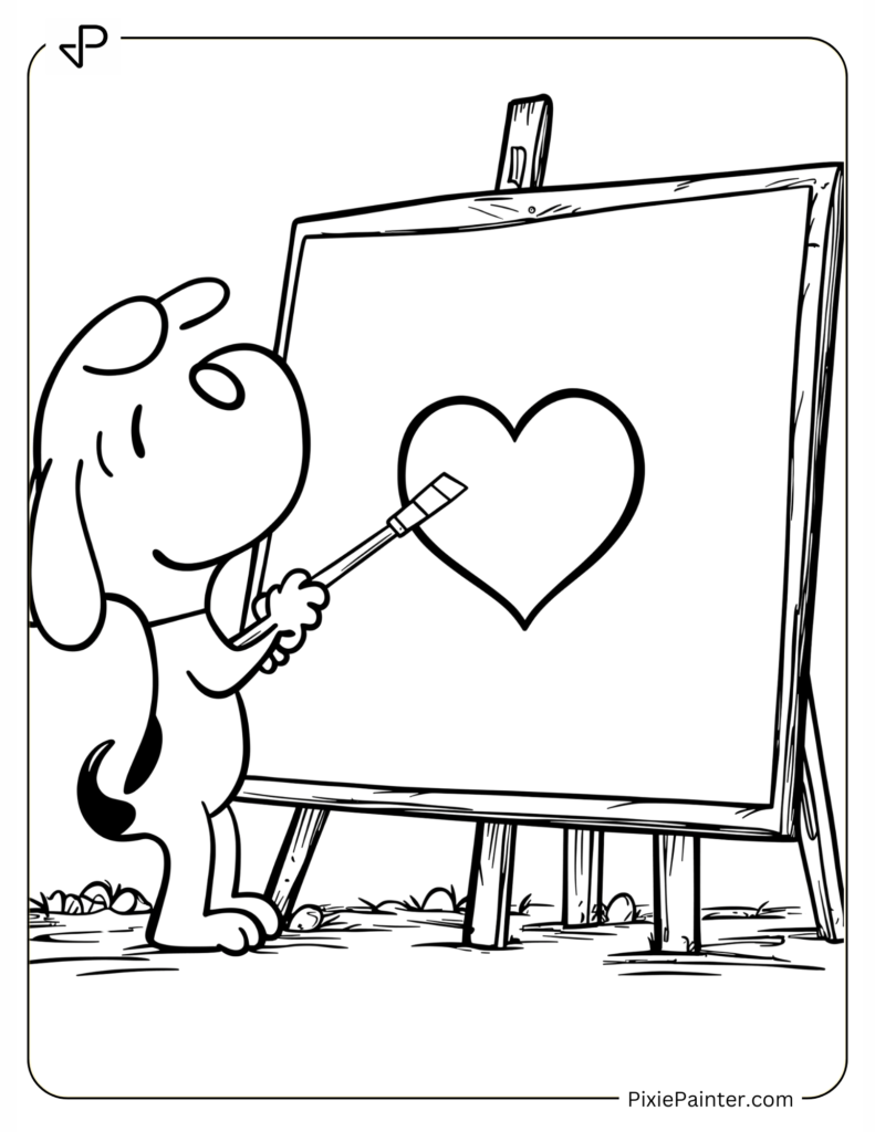 Coloring Page Where Snoopy Painting a Heart on Canvas