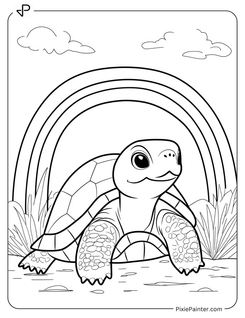 Tortoise Coloring Pages of Tortoise Sitting Under a Rainbow