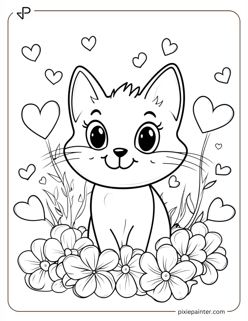 Valentine's Coloring Page Where Cat Surrounded By Heart-Shaped Flowers