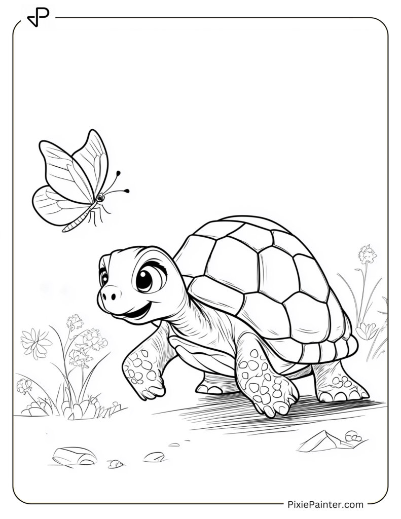 Tortoise Coloring Pages of Curious Tortoise Playing with a Butterfly