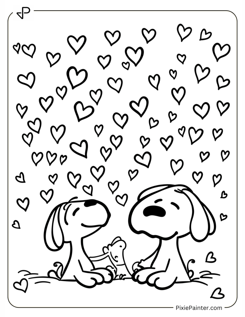 Coloring Page Where Snoopy and Friend Under Falling Small Hearts