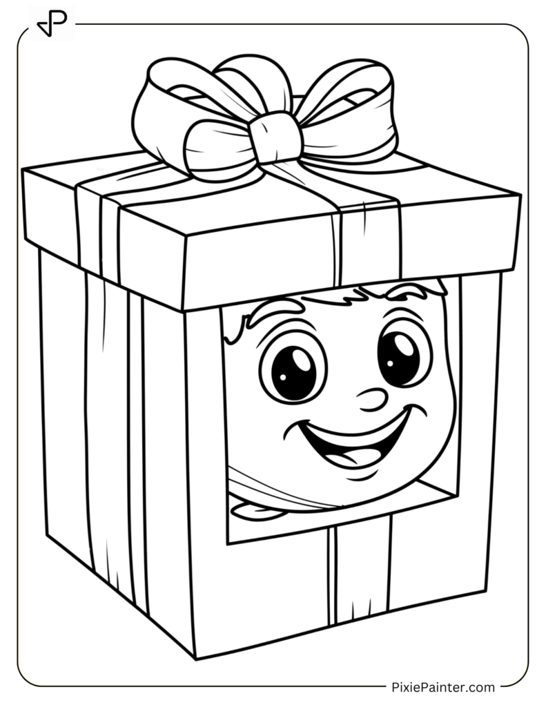 April Fools Day Coloring Page - Wrapped Gift Hiding A Sneaky Silly Face