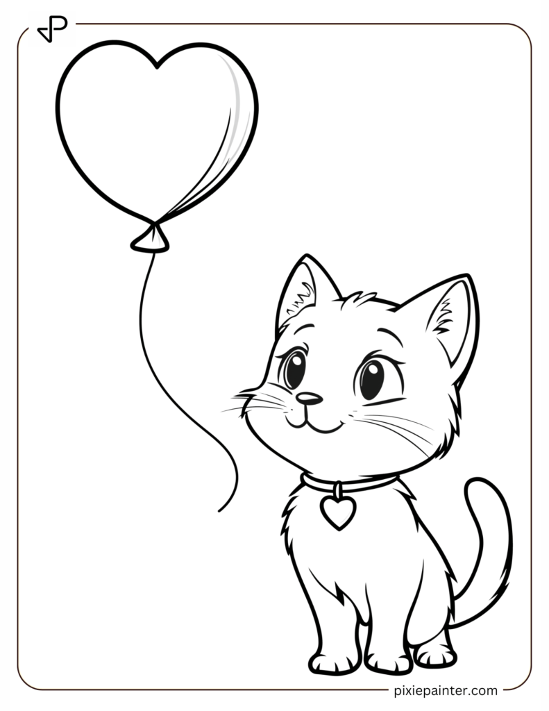 Valentine's Coloring Page Where Cat With A Heart-Shaped Balloon Floating Away