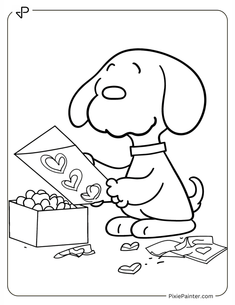 Coloring Page Where Snoopy Making a Handmade Valentine’s Card