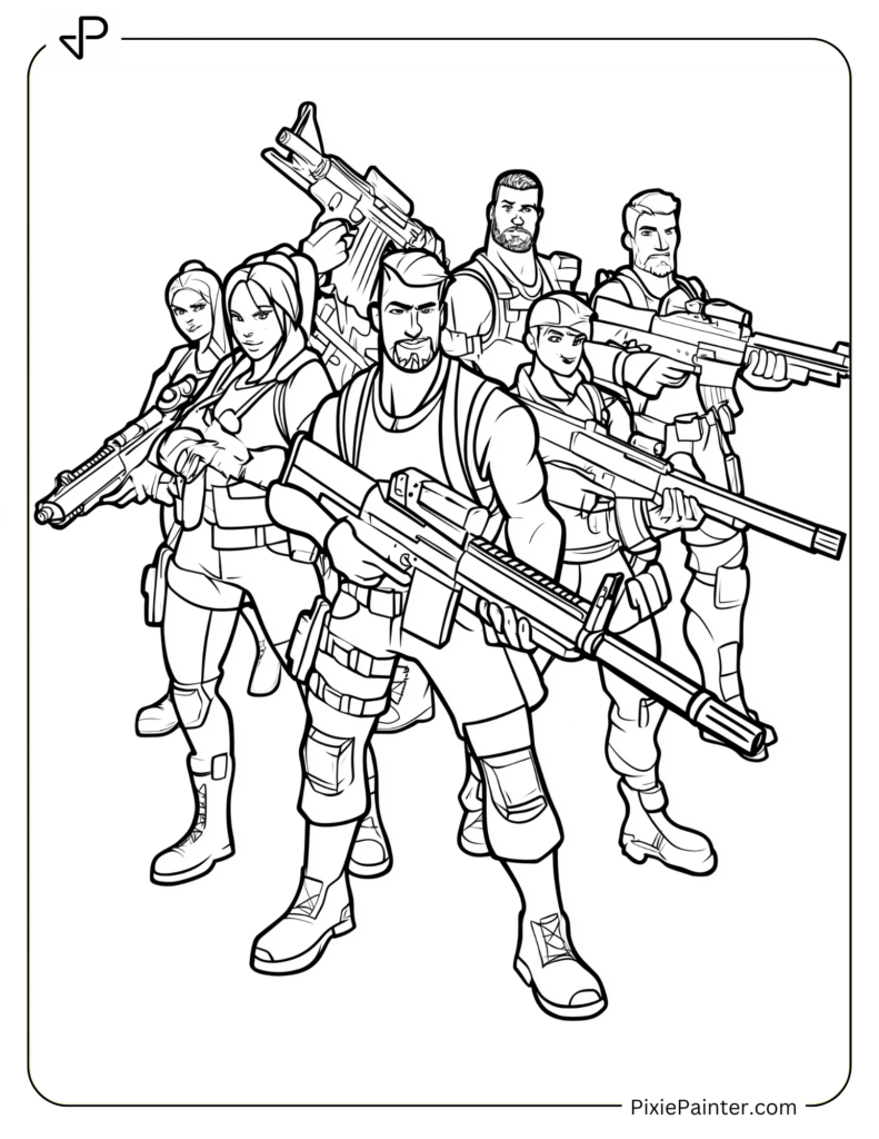 Fortnite Characters Coloring Pages of Epic Fortnite Team with Their Weapons