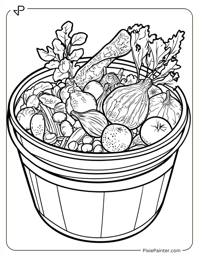 Earth Day Coloring Page Where Small Compost Bin with Fruits and Veggies